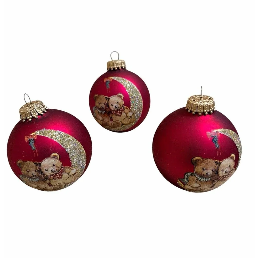Vtg Krebs Hand Decorated Glass Christmas Ornaments Set Of 6 Teddy Bear Santa